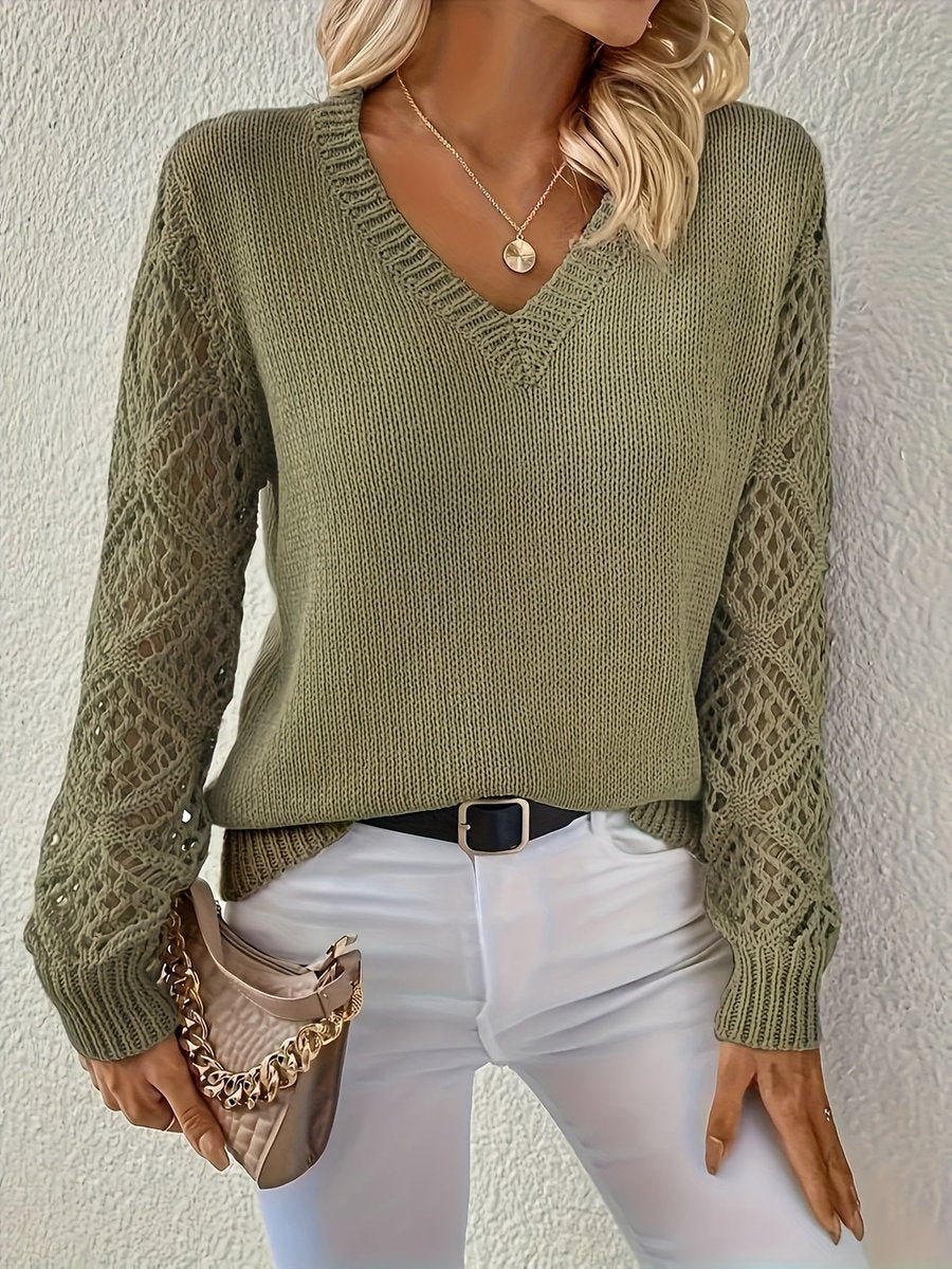 Women's V-Neck Hollow-Sleeve Pullover Knit Sweater – product view 1