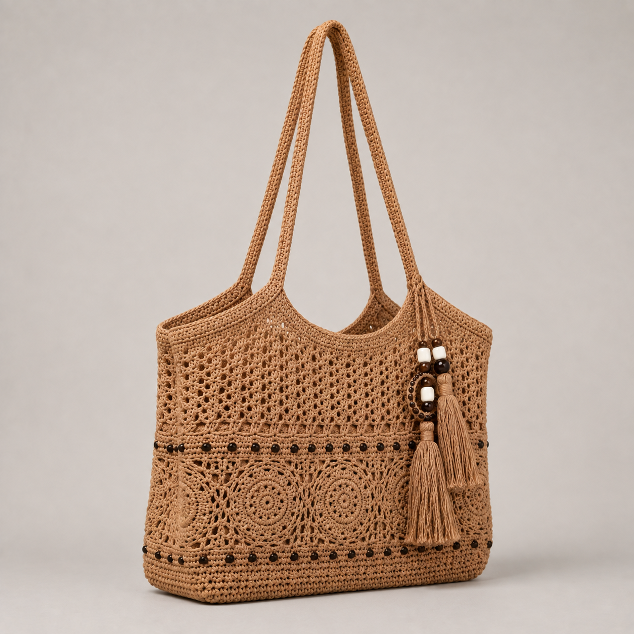 Handwoven boho crochet tote bag in camel