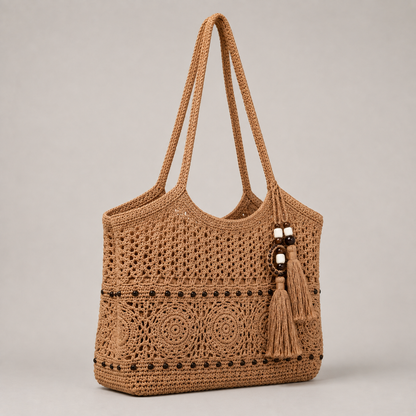 Handwoven boho crochet tote bag in camel