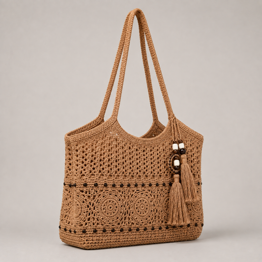Handwoven boho crochet tote bag in camel