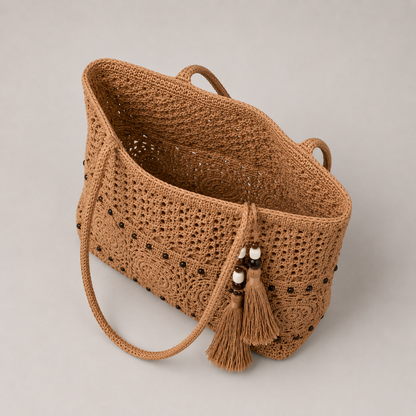 Handwoven boho crochet tote bag interior