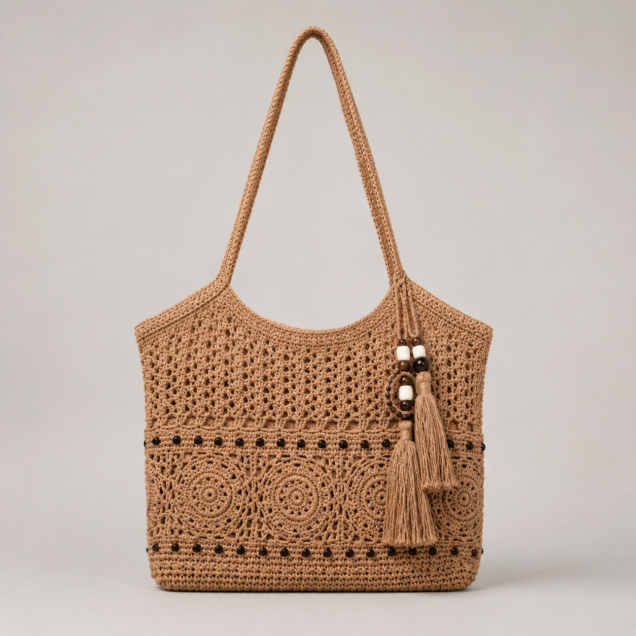 Handwoven boho crochet tote bag front view