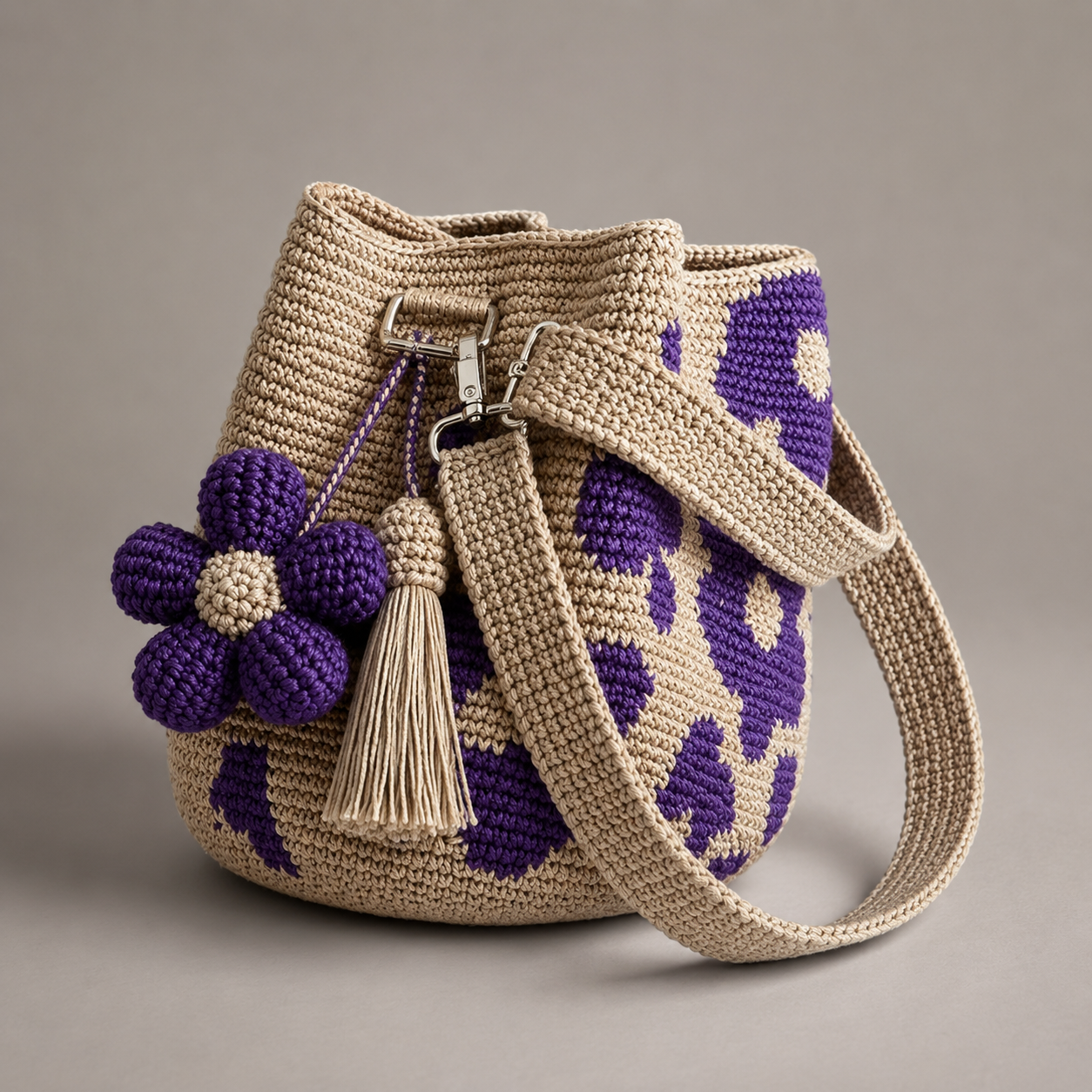 Floral crochet drawstring bucket bag in purple
