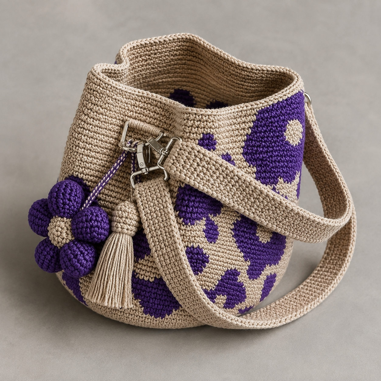 Floral crochet drawstring bucket bag side view