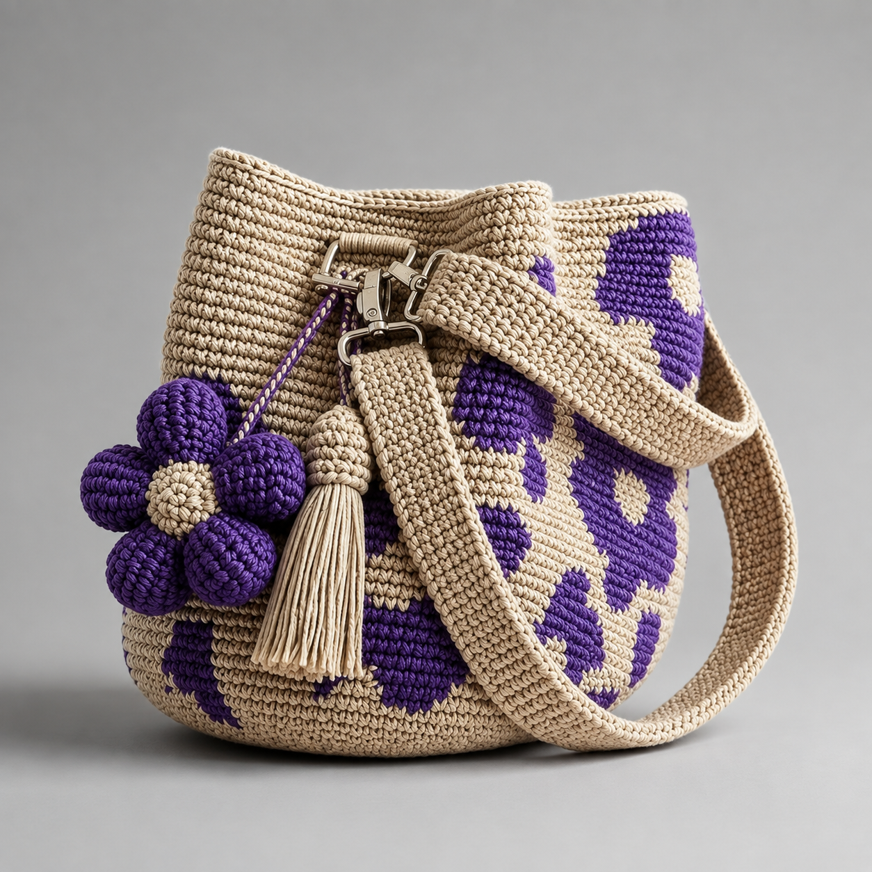 Floral crochet drawstring bucket bag with tassel