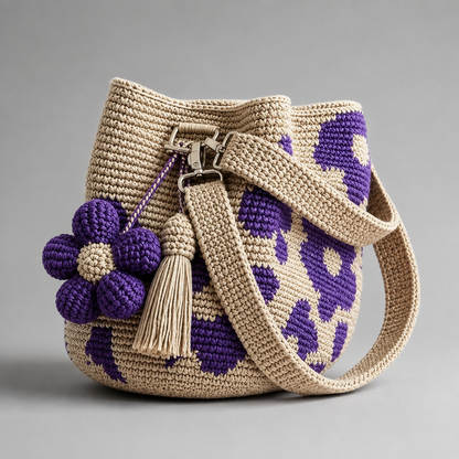 Floral crochet drawstring bucket bag with tassel