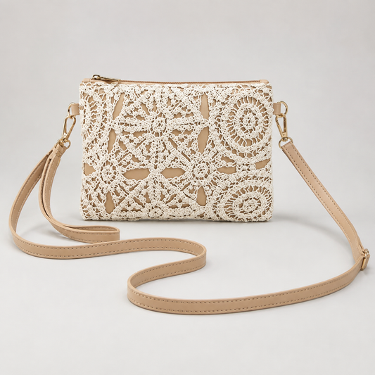 Lace crochet crossbody handbag in ivory