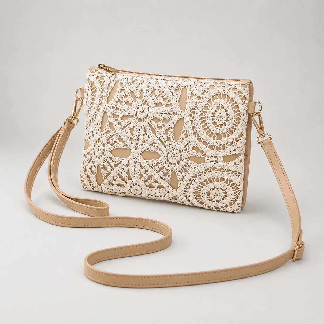 Lace crochet crossbody handbag angled view