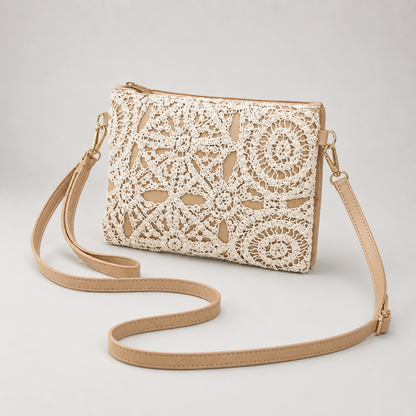 Lace crochet crossbody handbag angled view