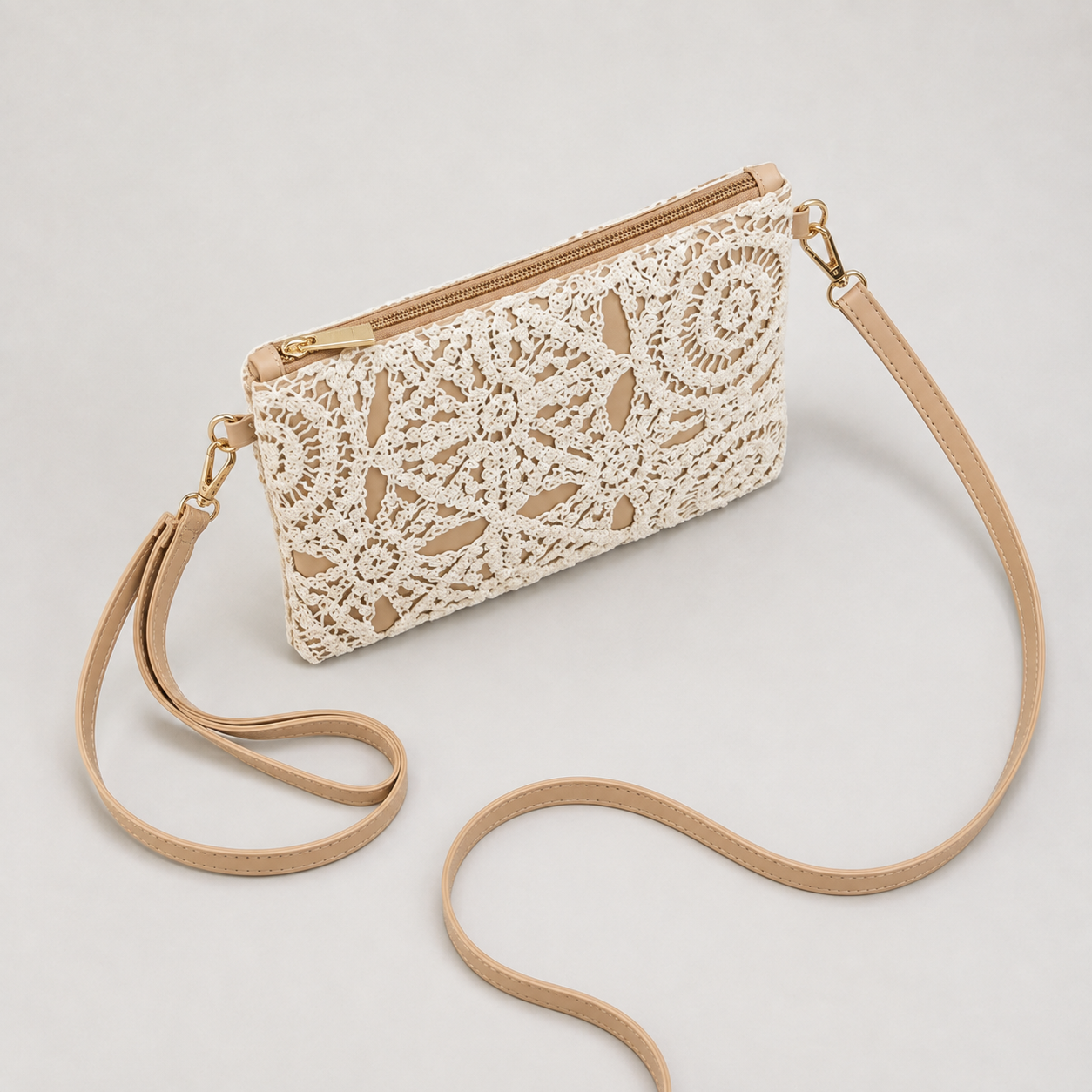 Lace crochet crossbody handbag with strap