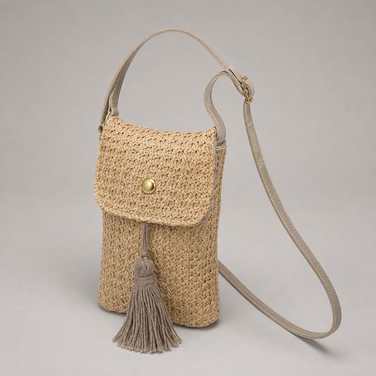 Woven straw phone crossbody bag in natural