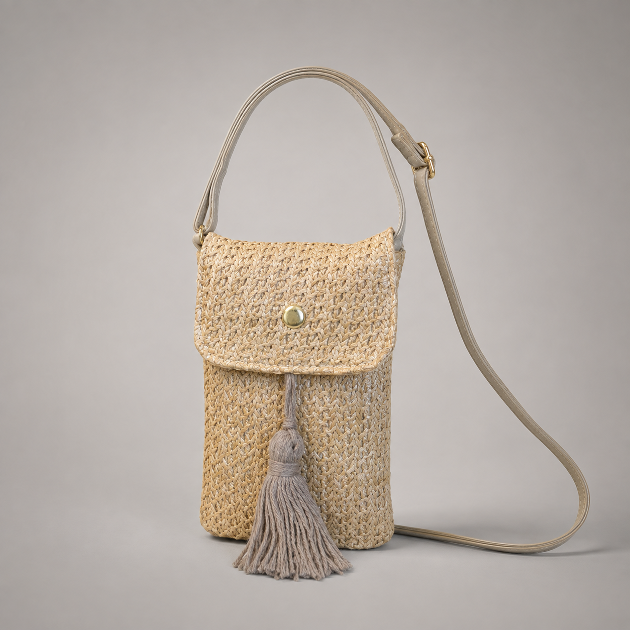 Woven straw phone crossbody bag front view