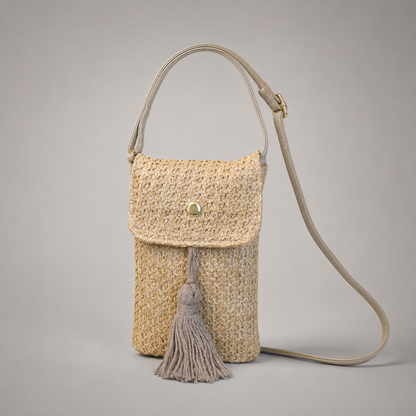 Woven straw phone crossbody bag front view