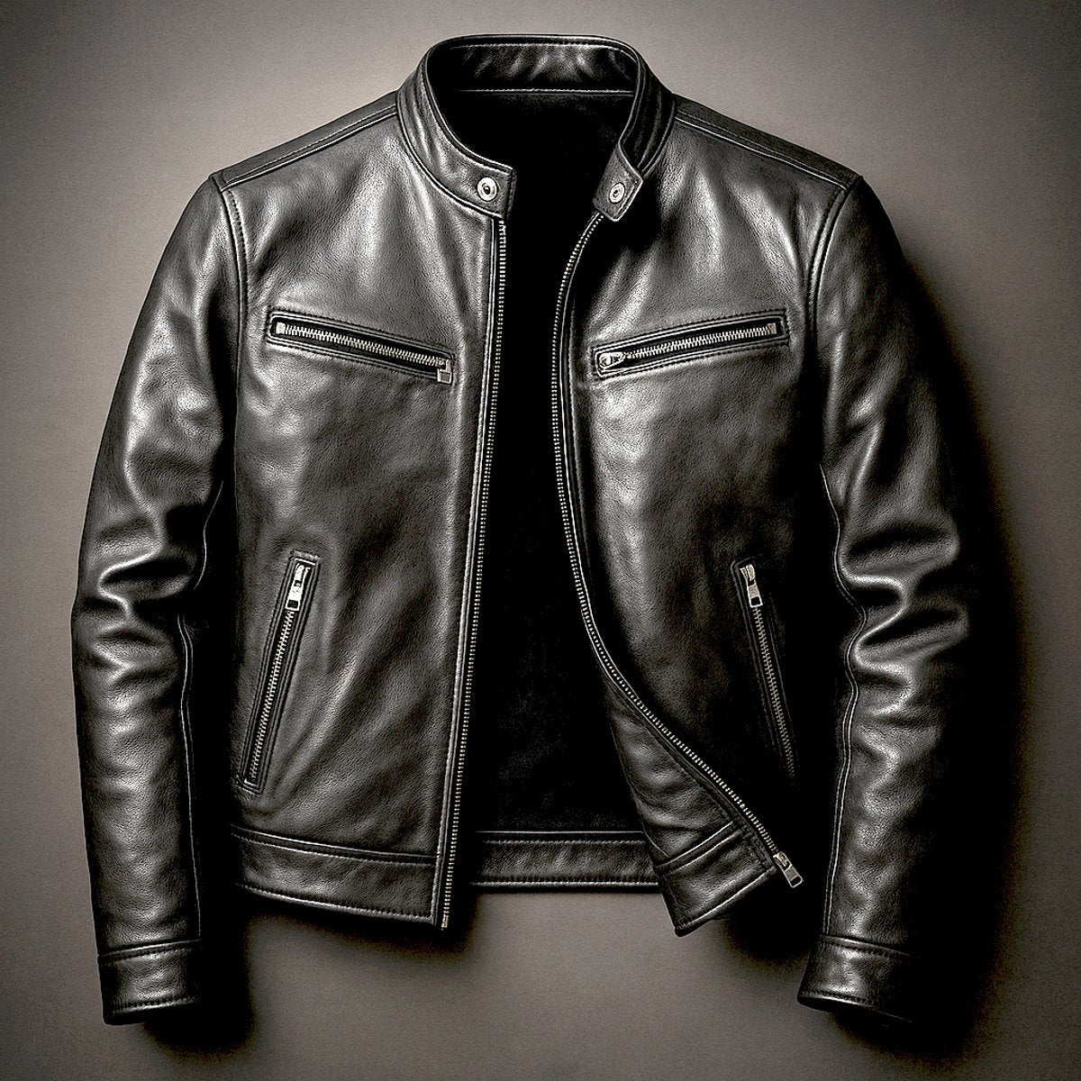Men's Vintage Leather-Look Biker Jacket – Full-Zip Moto Style – product view 2