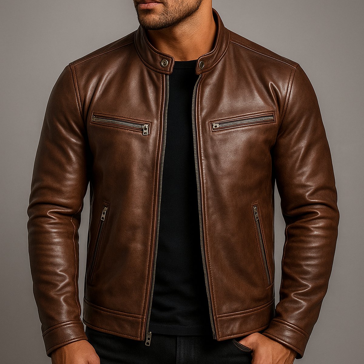 Men's Vintage Leather-Look Biker Jacket – Full-Zip Moto Style – product view 5