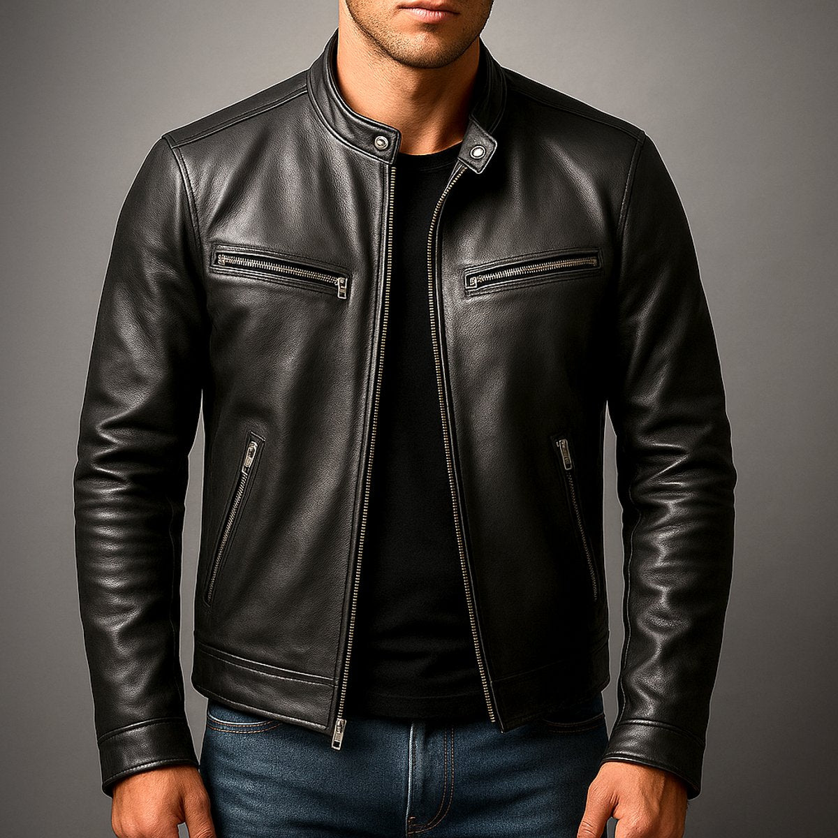 Men's Vintage Leather-Look Biker Jacket – Full-Zip Moto Style – product view 6