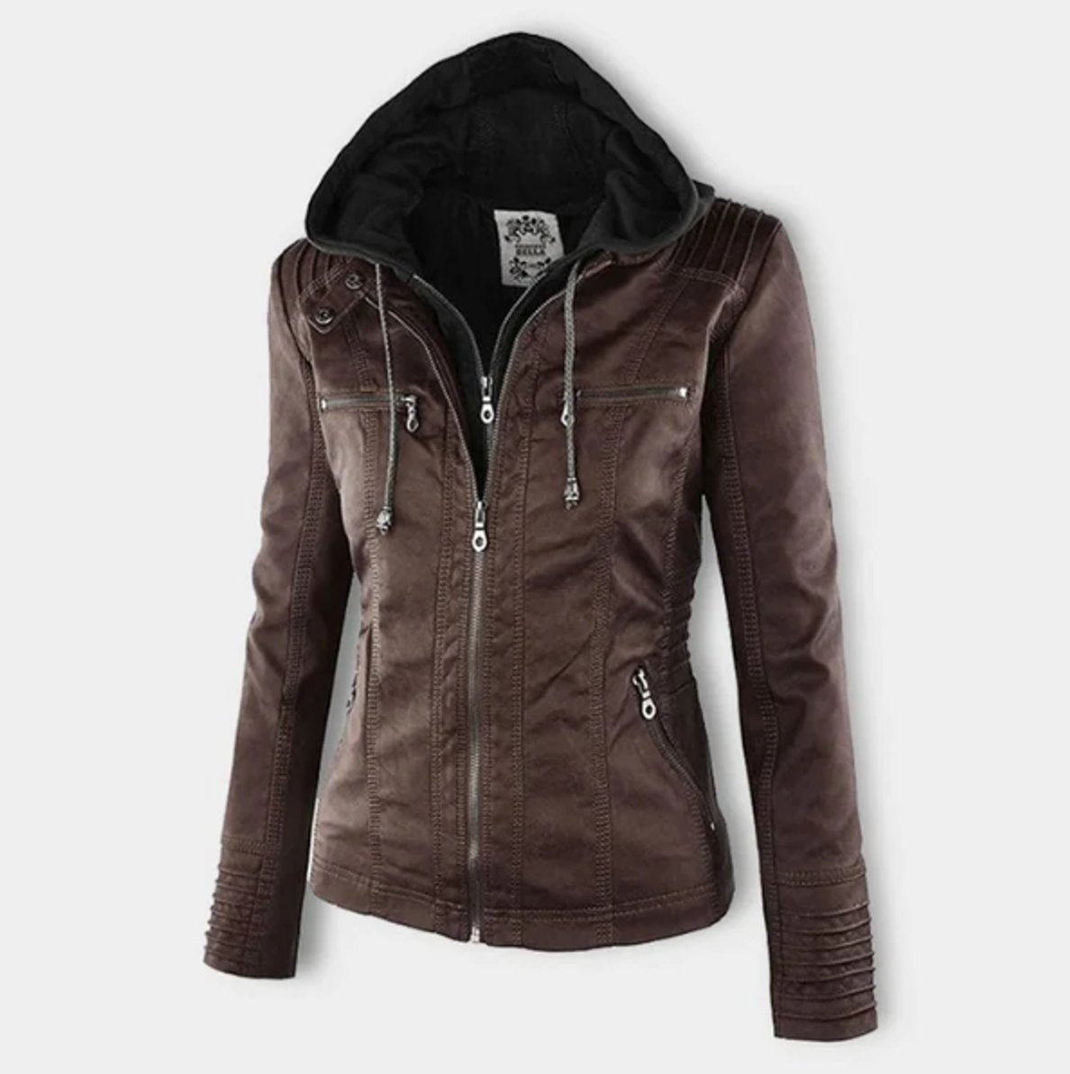 Women's Hooded Faux Leather Moto Jacket Zip-Up – product view 1