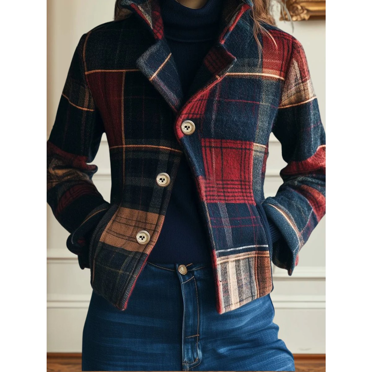 Women's Plaid Patchwork Single-Breasted Wool-Blend Jacket – product view 1