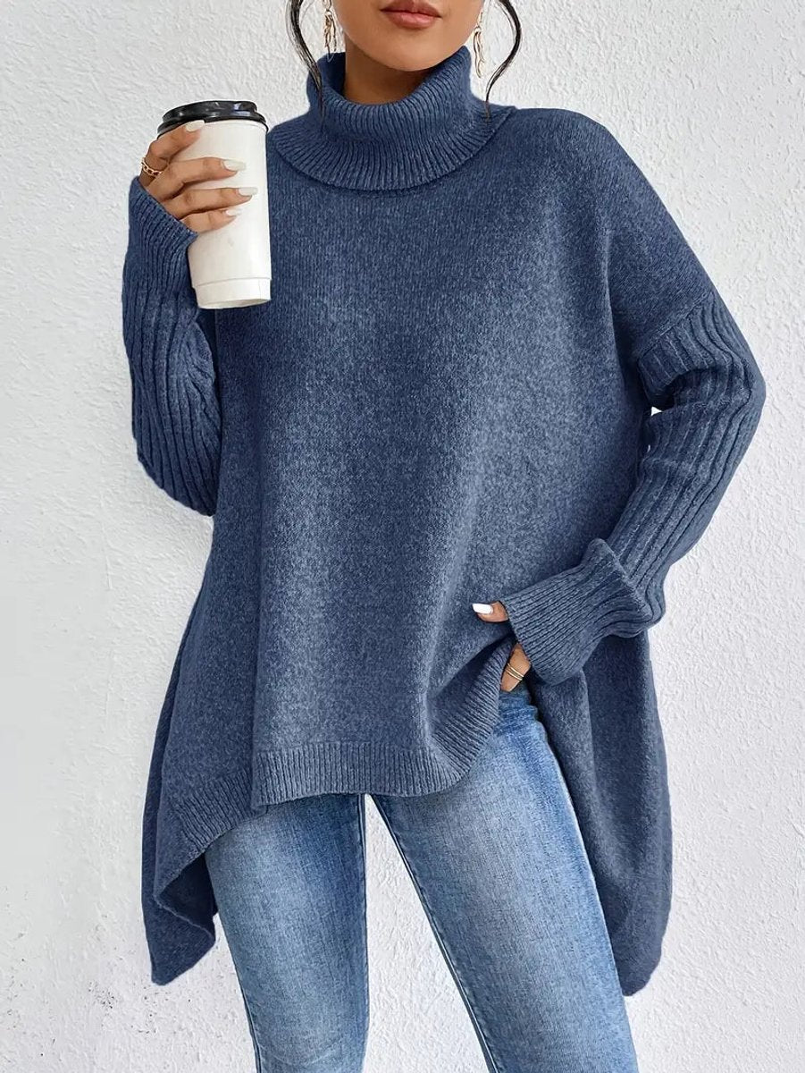 Women's Oversized Ribbed-Trim Turtleneck Sweater High-Low Hem – product view 1