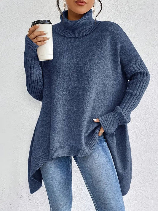 Women's Oversized Ribbed-Trim Turtleneck Sweater High-Low Hem – product view 1