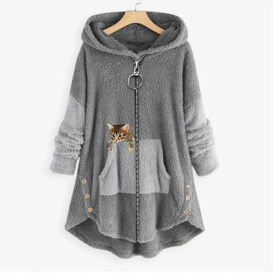 Women's Fleece Zip-Up Hooded Cat Pocket Sweater – product view 1