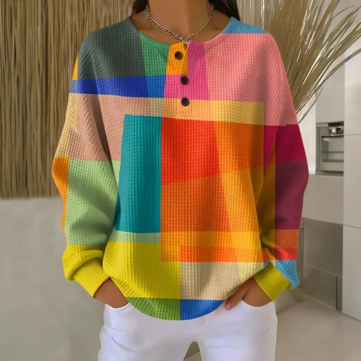 Women's Colorblock Waffle-Knit Long Sleeve Henley Sweater – product view 1