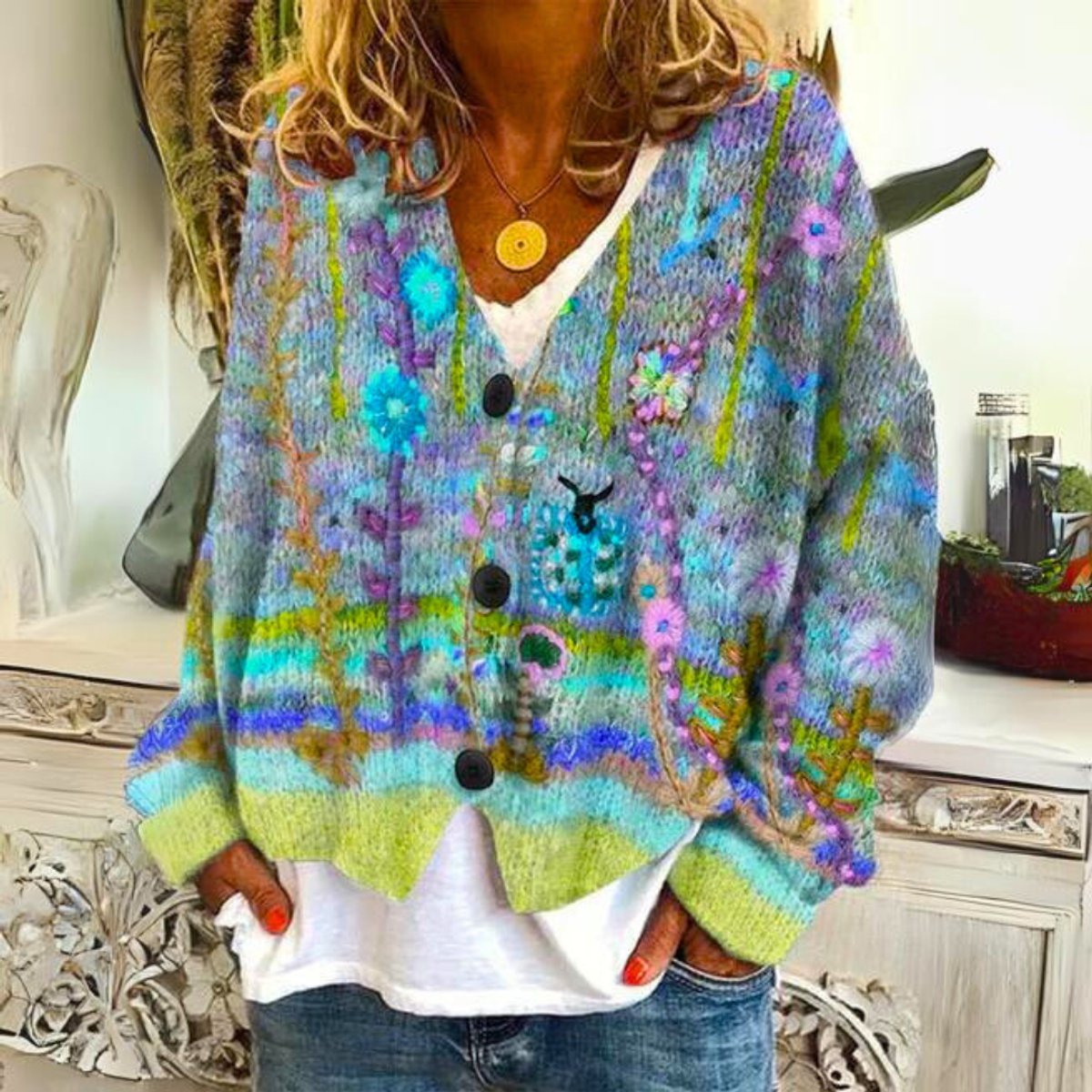 Women's Floral Embroidered Multicolor Button-Front Knit Sweater Cardigan – product view 1
