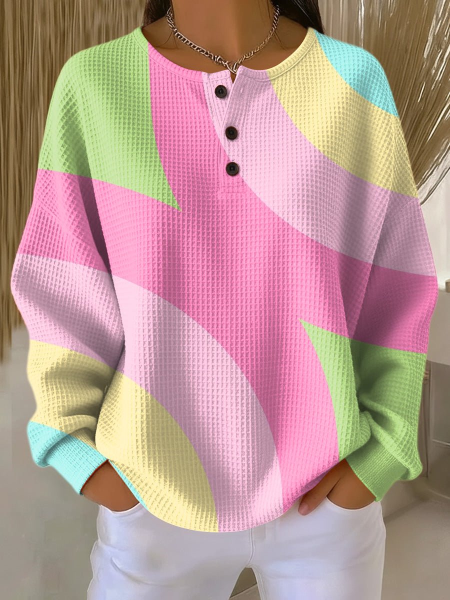 Women's Pastel Color-Block Waffle-Knit Henley Pullover Sweater – product view 1