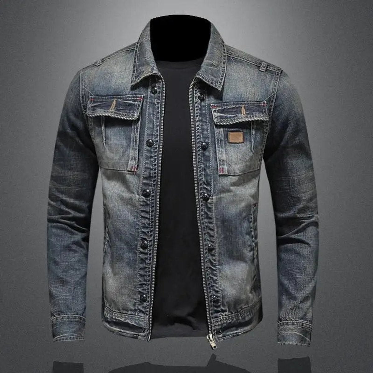Men's Retro Washed Denim Zip-Up Jacket Casual Outerwear Coat – product view 1