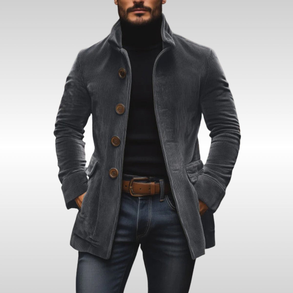 Men's Slim-Fit Corduroy Stand-Collar Wool Coat Button-Up – product view 1