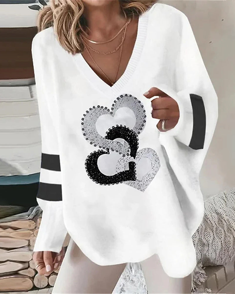 Ladies' pullover with heart pattern & V-neck – Milena – product view 1