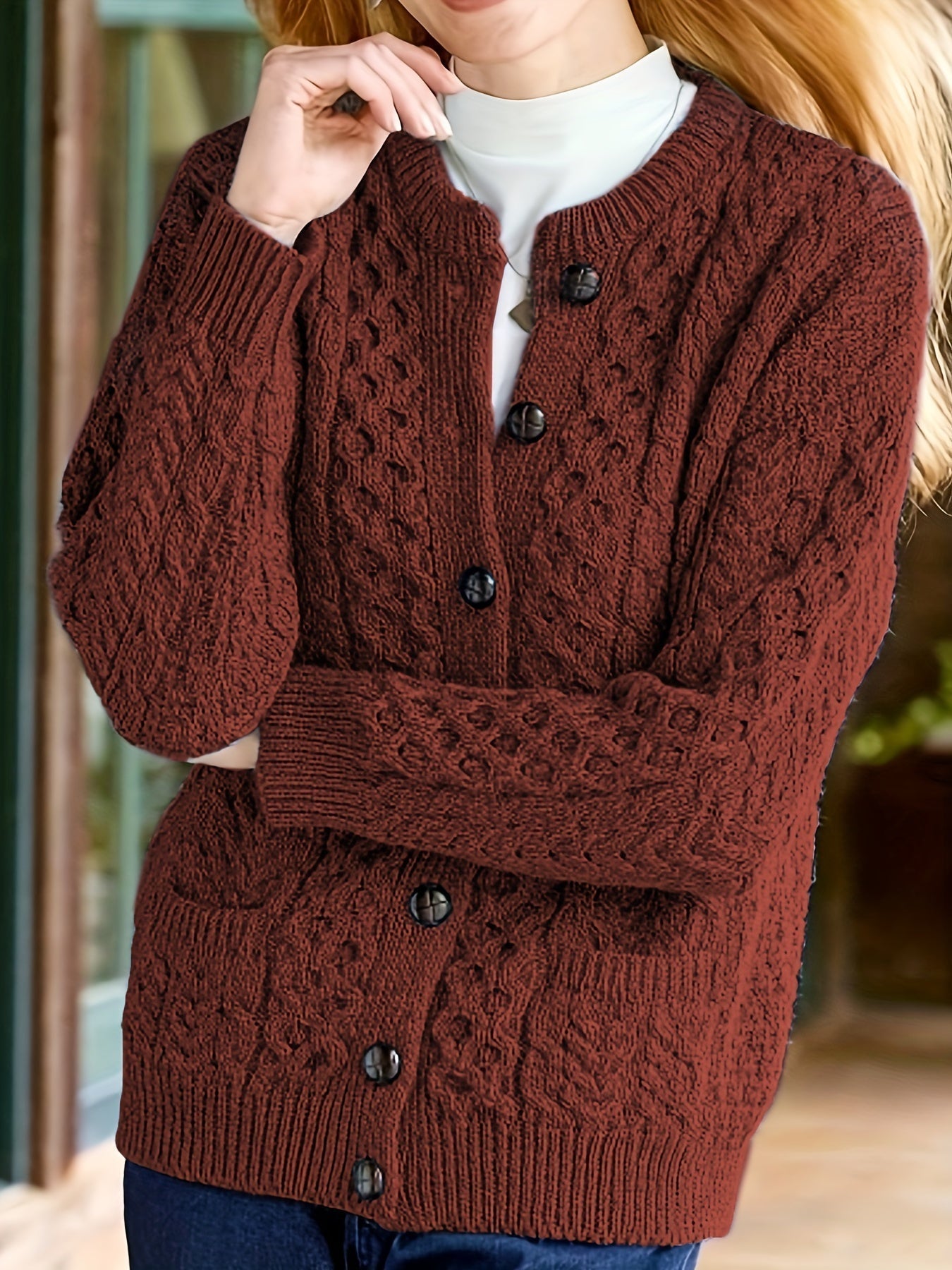 Plain Knitted Cardigan with Button Closure and Pockets - Olivia – product view 1