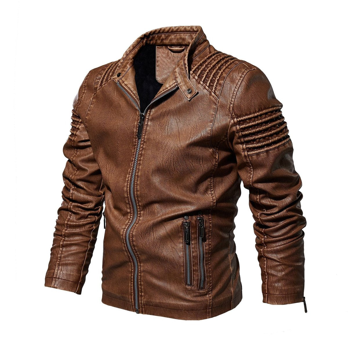 Men's Moto-Style Faux Leather Jacket Ribbed Shoulder – product view 1
