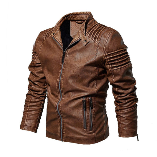 Men's Moto-Style Faux Leather Jacket Ribbed Shoulder – product view 1