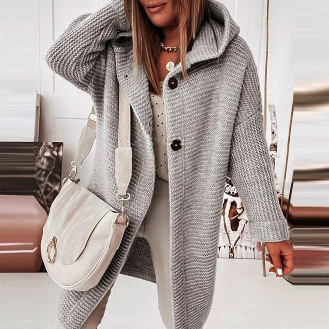 length Knitted Women's Cardigan with Button Closure and Hood - Mila – product view 1