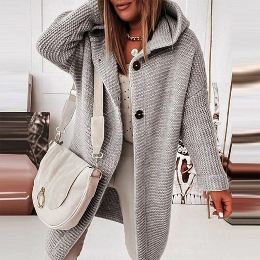 length Knitted Women's Cardigan with Button Closure and Hood - Mila – product view 1