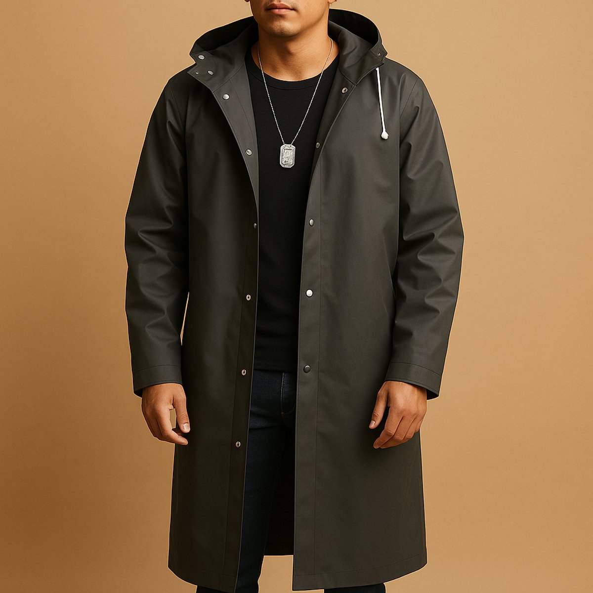 Men's Waterproof Hooded Long Rain Jacket EVA Snap-Button – product view 1
