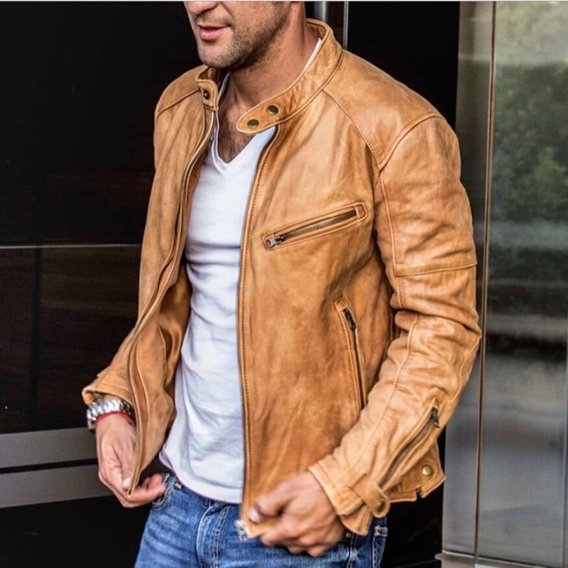 Men's leather jacket with weather-resistant autumn coating – Leandro – product view 1