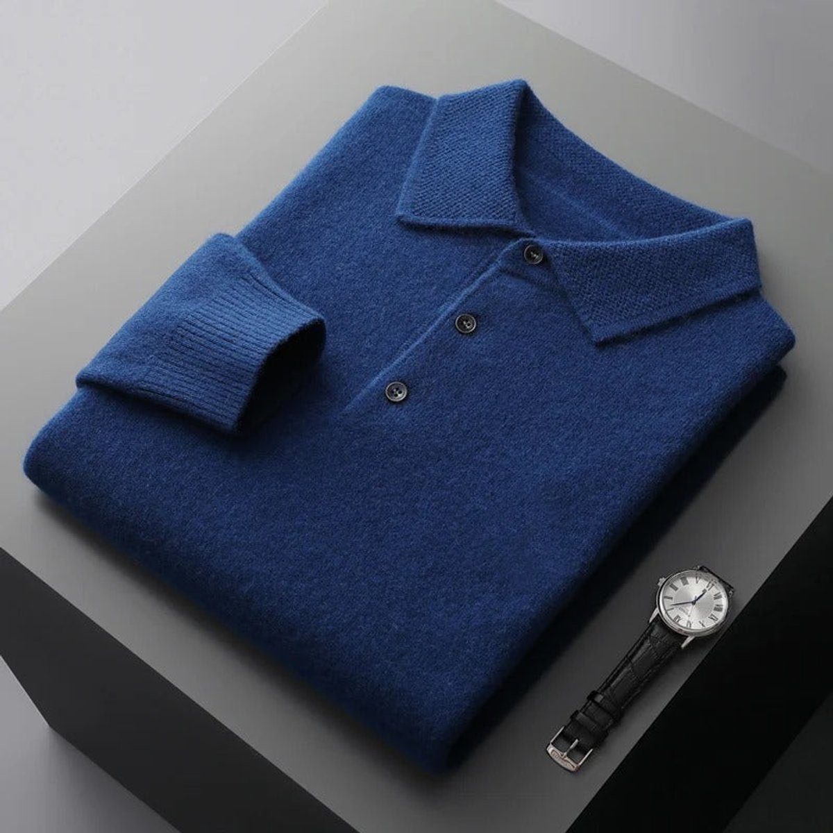 Men's Cashmere Polo Knit Sweater Long Sleeve Button Collar Pullover – product view 1