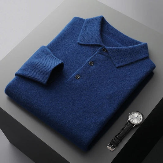 Men's Cashmere Polo Knit Sweater Long Sleeve Button Collar Pullover – product view 1