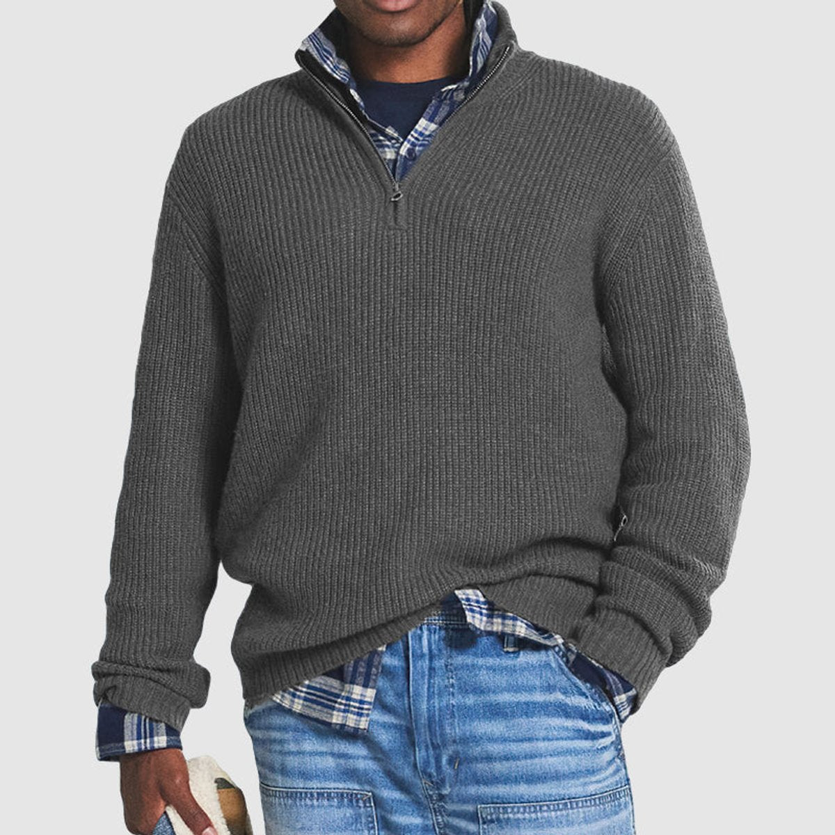 Men's Quarter-Zip Ribbed Knit Sweater Business Casual Pullover – product view 1