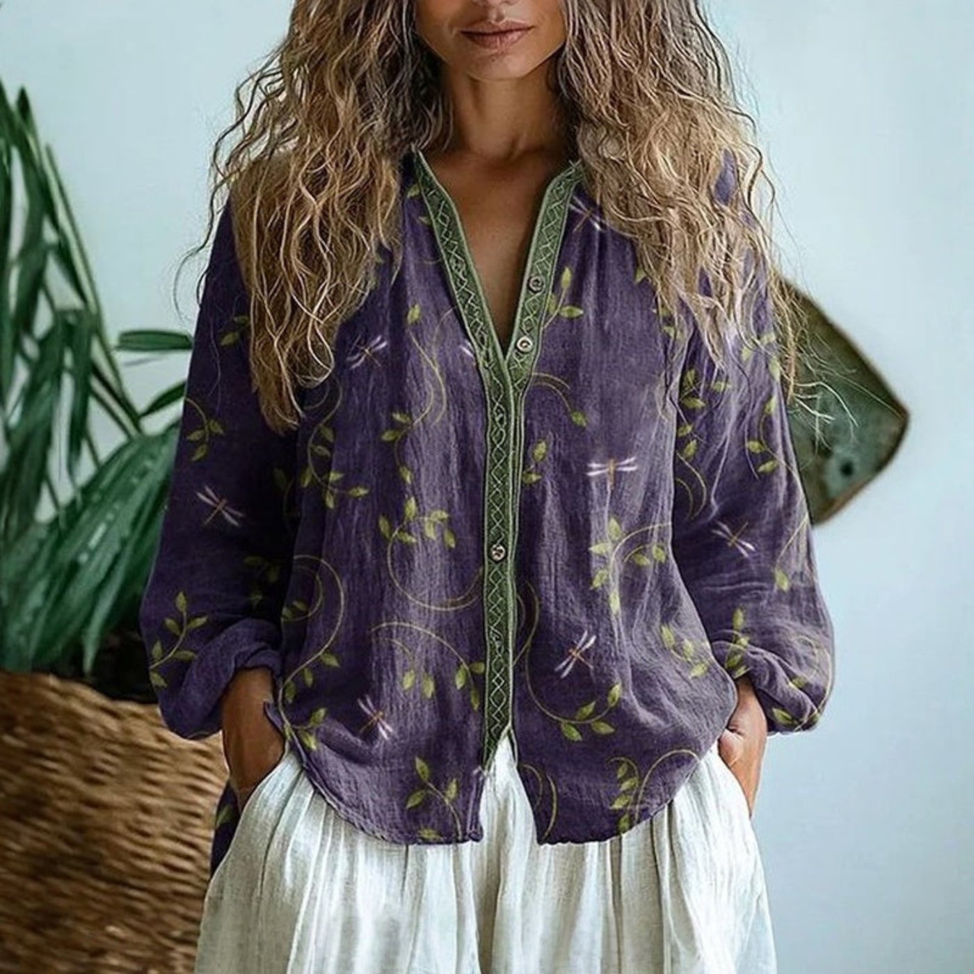 Women's Boho Linen Button-Down Cardigan Blouse Long Sleeve V-Neck – product view 1