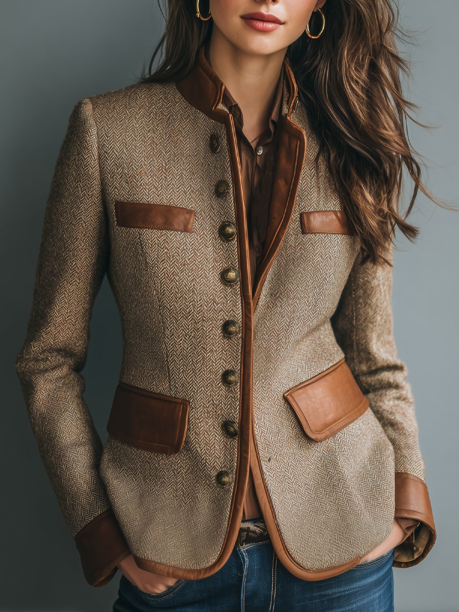 Women's Vintage Herringbone Tweed Leather-Trim Button-Front Jacket – product view 1