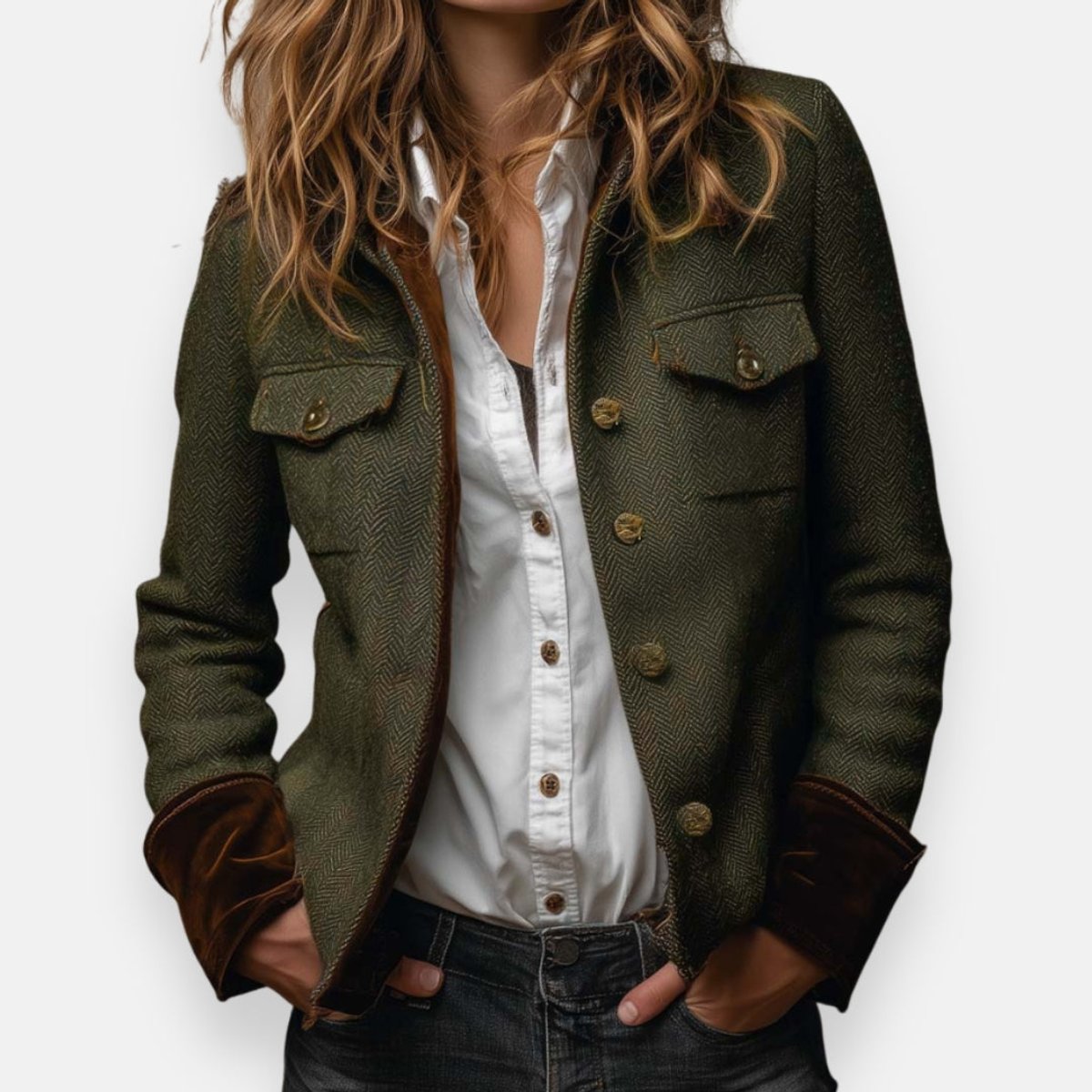 Women's Herringbone Tweed Military-Style Jacket Gold Button – product view 1