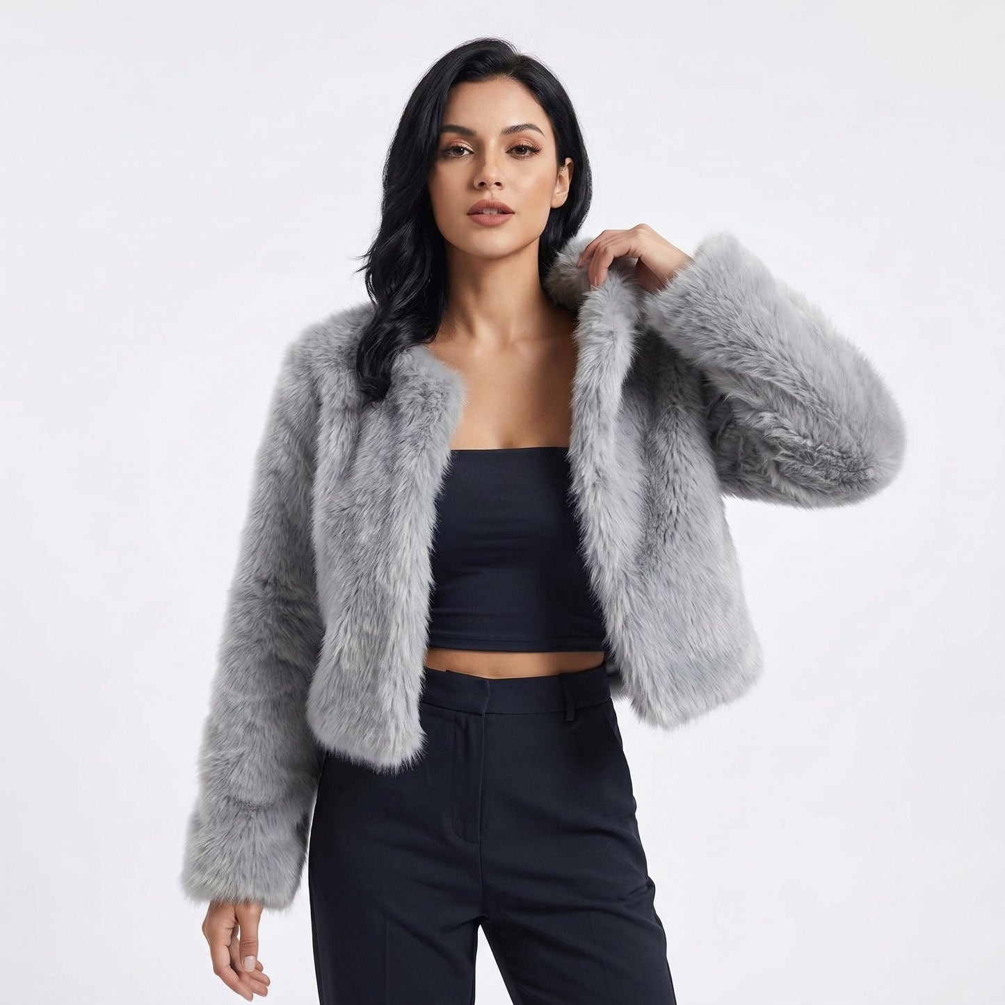 Women's Cropped Faux Fur Cardigan Jacket – product view 1