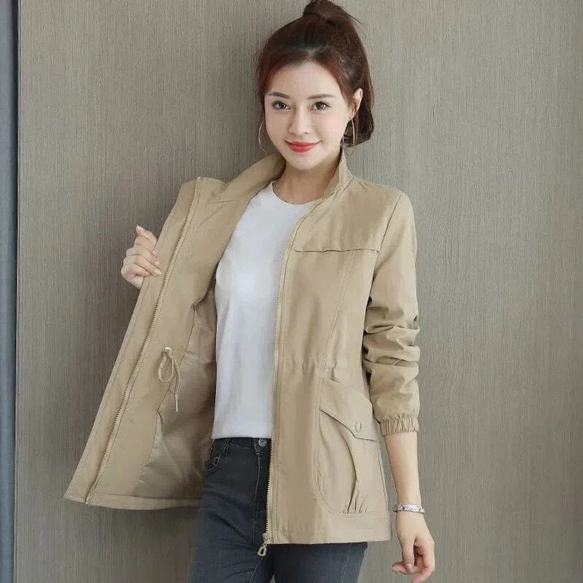 Women's Lightweight Zip-Up Short Bomber Jacket Drawstring Waist – product view 1